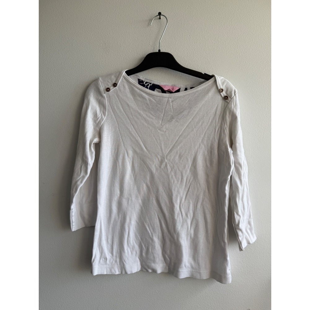 Lilly Pulitzer Womens White Boat Neck 3/4 Sleeve Button Shoulder Top Cotton flaw